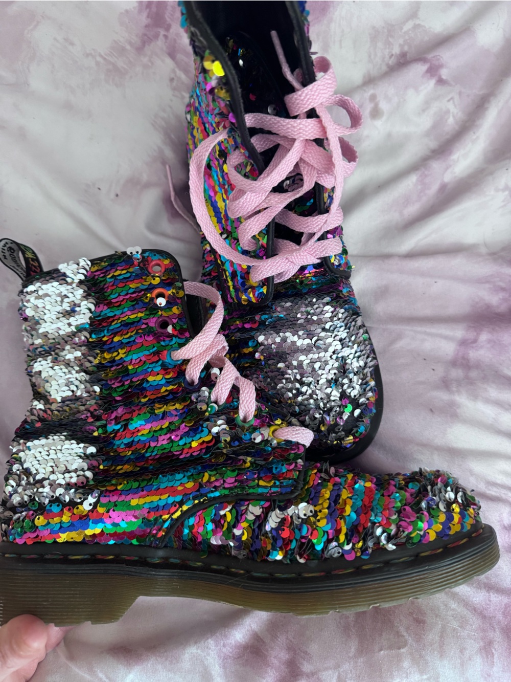 Dr Martens (Doc Martens) Sequin Combat Boots Multi Rainbow to Silver flip sequin - Picture 6 of 10